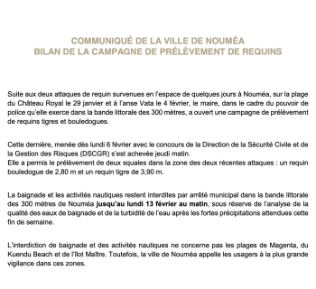 Communiqué campagne de prélèvement Nouméa